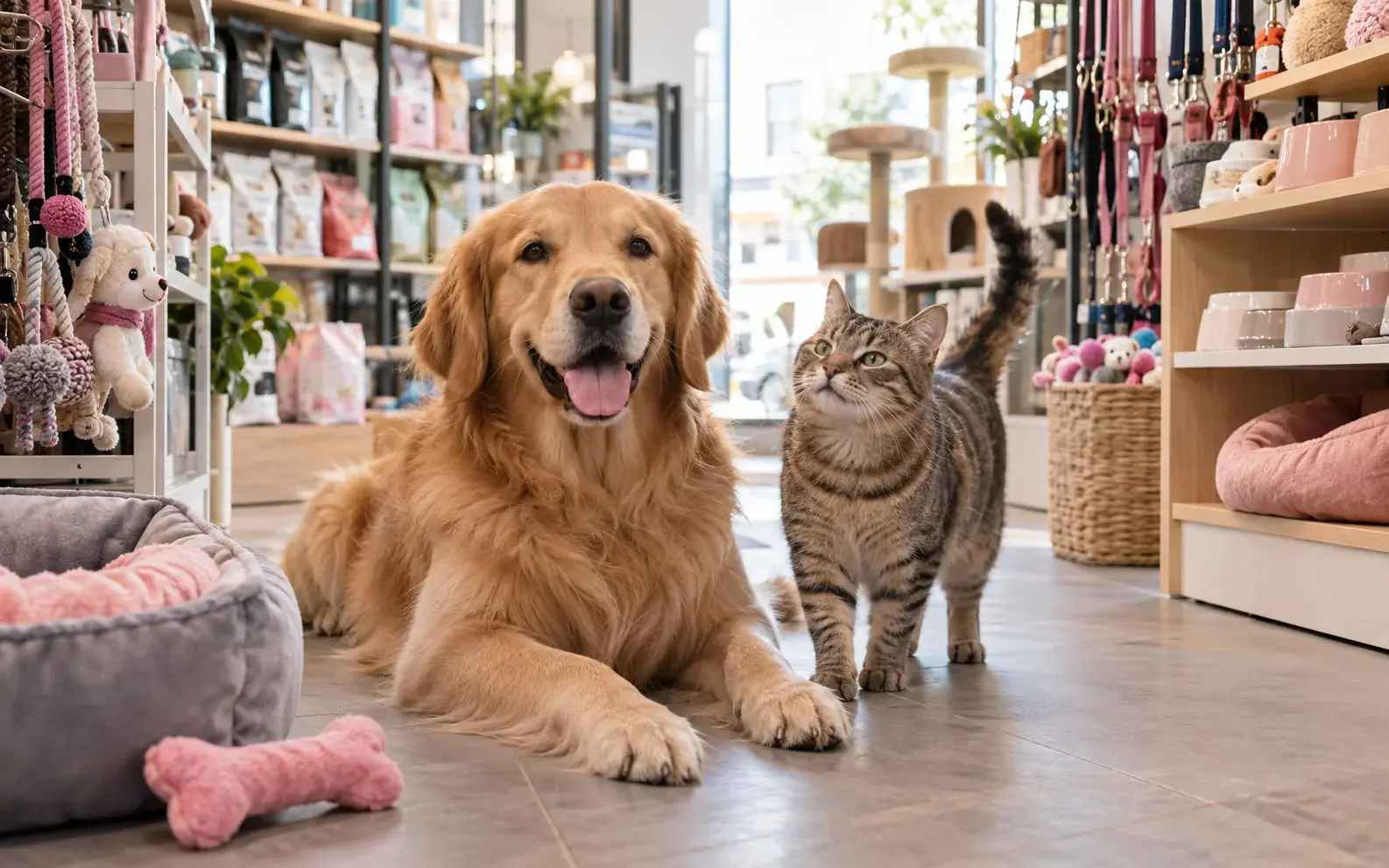 Pet ürünlerinin bulunduğu mağazada Golden Retriever ve tekir kedi